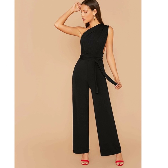 Multi Way Wrap Tie Top Black Elegant Jumpsuit Wide Long Leg Backless - Picture 5 of 16